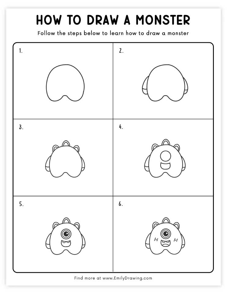 Free printable monster drawing for kids drawing tutorials with PDF files for download and printing!