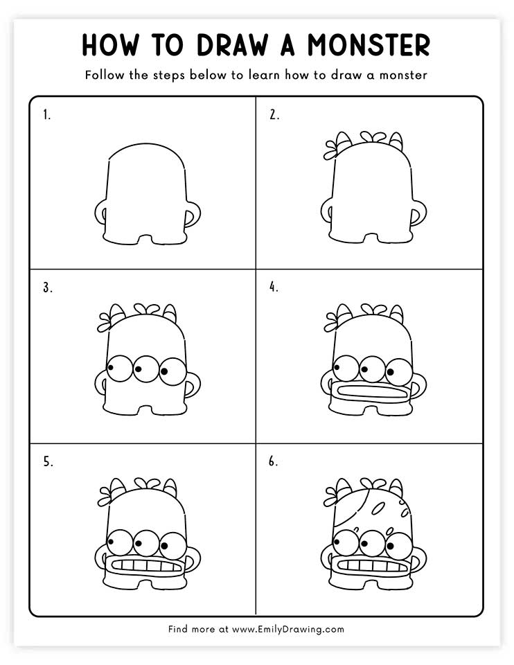 Free printable simple monster drawing tutorials with PDF files for download and printing!