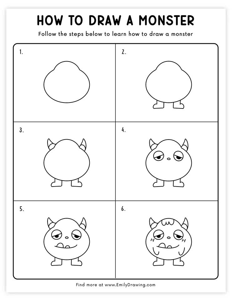 Free printable sketch monster drawing tutorials with PDF files for download and printing!