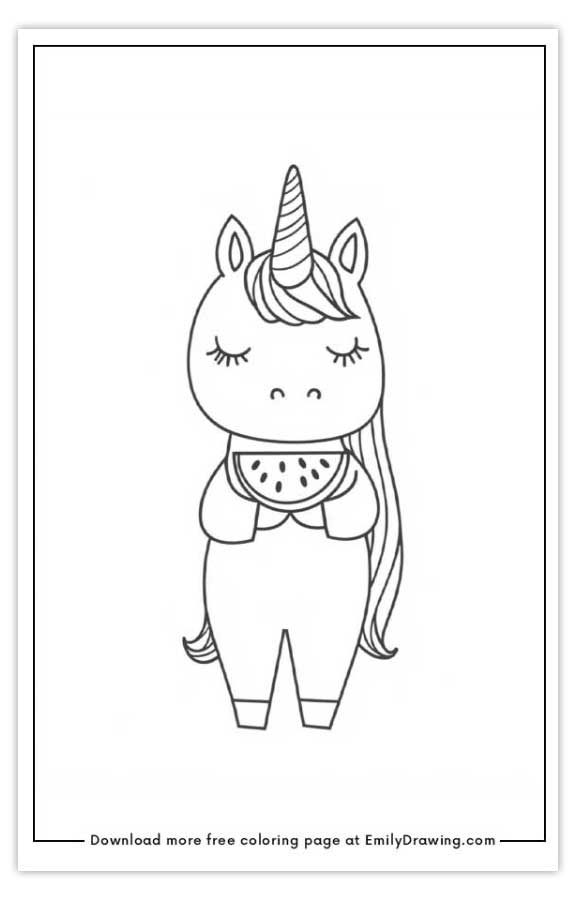 Free printable unicorn eating watermelon coloring pages with PDF files for download and printing!