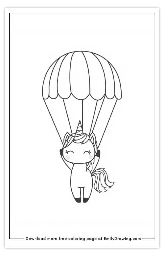 Free printable unicorn flying with parachute coloring pages with PDF files for download and printing!