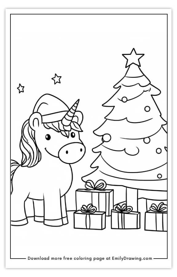 Free printable unicorn happy christmas coloring pages with PDF files for download and printing!