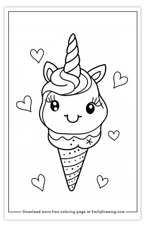 Free printable unicorn  ice cream coloring pages with PDF files for download and printing!