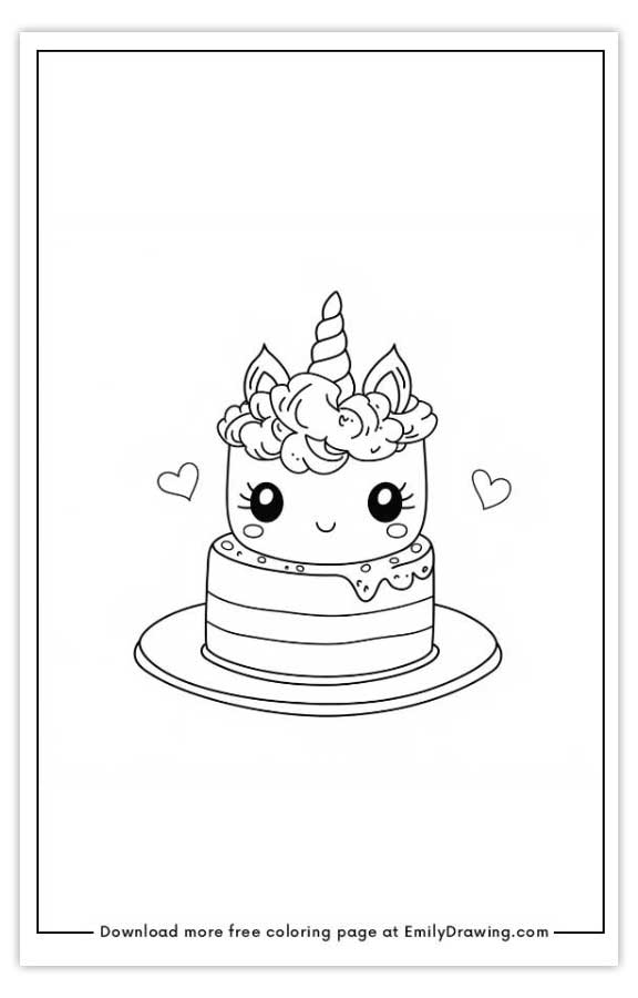 Free printable unicorn themed cake coloring pages with PDF files for download and printing!