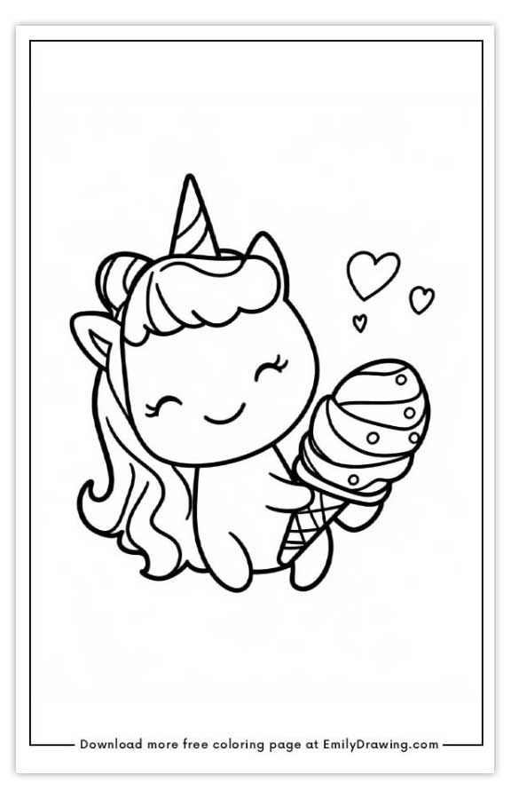 Free printable unicorn with an ice cream coloring pages with PDF files for download and printing!