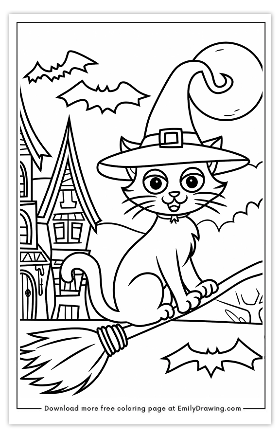 Free printable A Black Cat with a Witchs Hat Sitting on a Broomstick coloring pages with PDF files for download and printing!