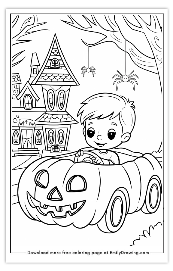 Free printable A Boy and His Pumpkin Car coloring pages with PDF files for download and printing!