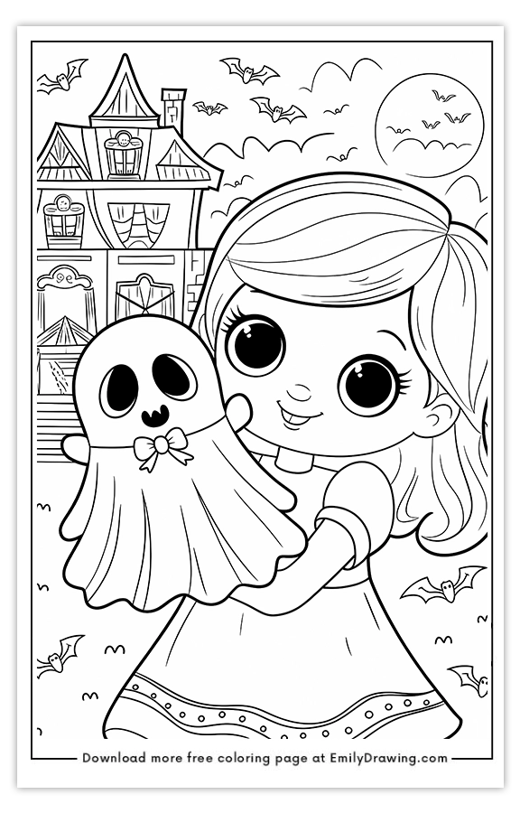 Free printable A Cute Girl with a Ghost Doll coloring pages with PDF files for download and printing!