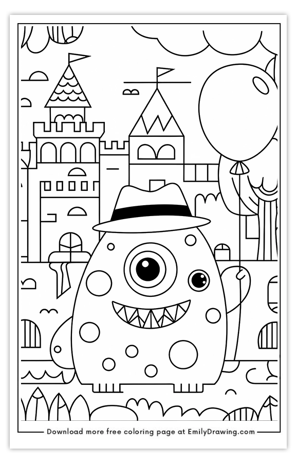 Free printable A Cute Monster Holding a Balloon coloring pages with PDF files for download and printing!