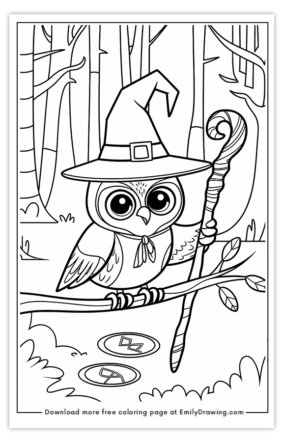 Free printable A Cute Owl Dressed as a Wizard coloring pages with PDF files for download and printing!