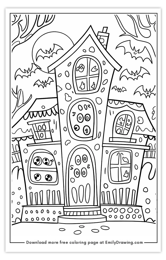 Free printable A Doodle Haunted House with Funny Wiggly Windows and Doors coloring pages with PDF files for download and printing!