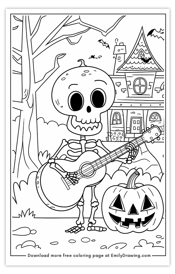 Free printable A Doodle Skeleton Playing a Guitar Next to a Pumpkin coloring pages with PDF files for download and printing!