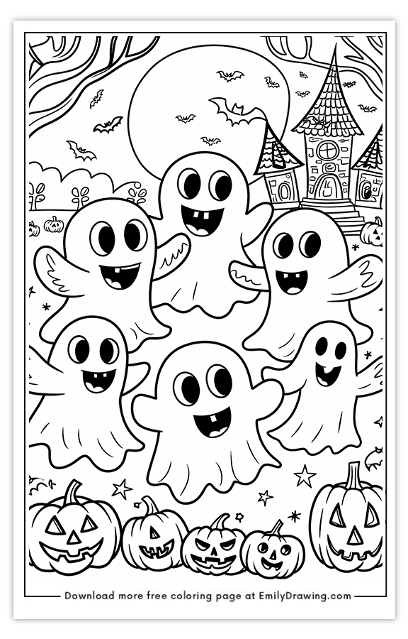 Free printable A Doodle of Smiling Ghosts Holding Hands in a Circle coloring pages with PDF files for download and printing!