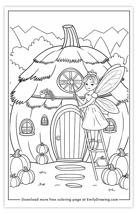 Free printable A Fairy Princess Decorating a Pumpkin House coloring pages with PDF files for download and printing!