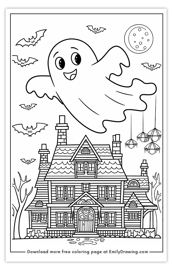 Free printable A Friendly Ghost Flying Around a Big Haunted House coloring pages with PDF files for download and printing!