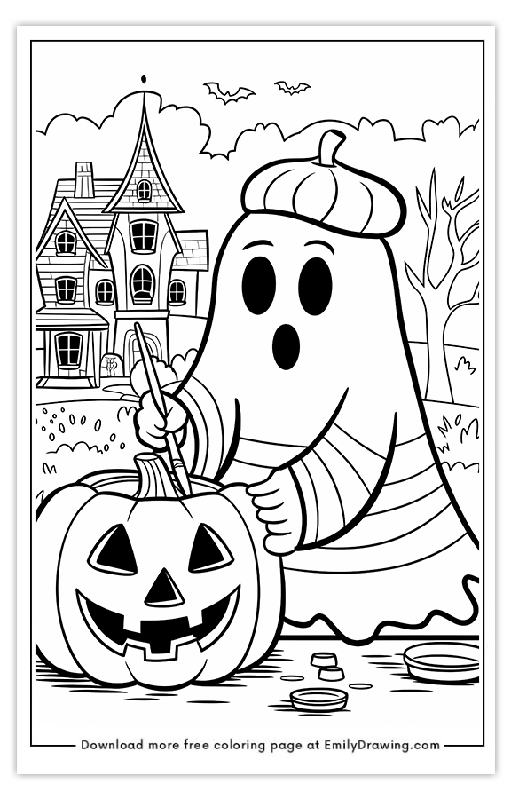 Free printable A Ghost Painting a Pumpkin coloring pages with PDF files for download and printing!