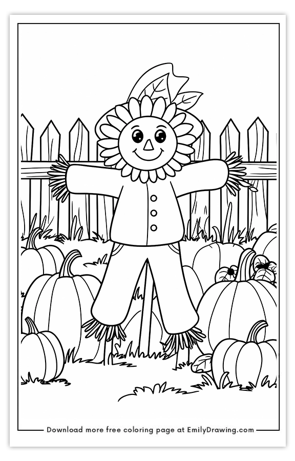 Free printable A Happy Scarecrow and Pumpkins coloring pages with PDF files for download and printing!