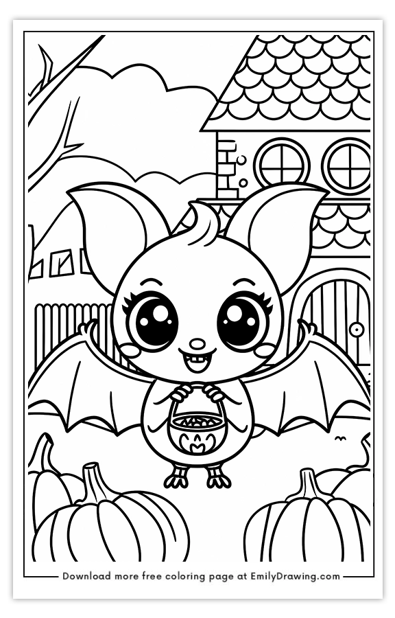 Free printable A Kawaii Bat Holding a Tiny Candy Bucket coloring pages with PDF files for download and printing!