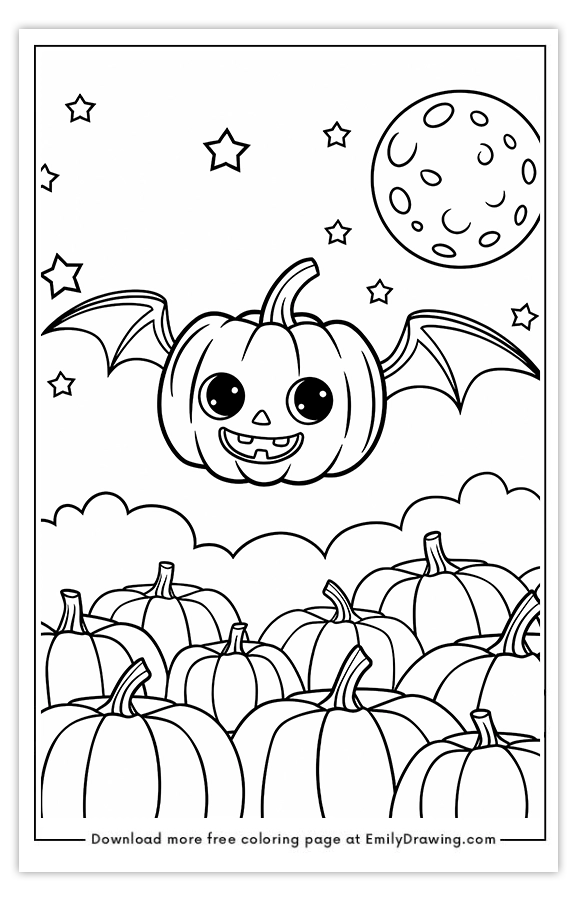 Free printable A Kawaii Pumpkin with Bat Wings Flying Under the Moon coloring pages with PDF files for download and printing!