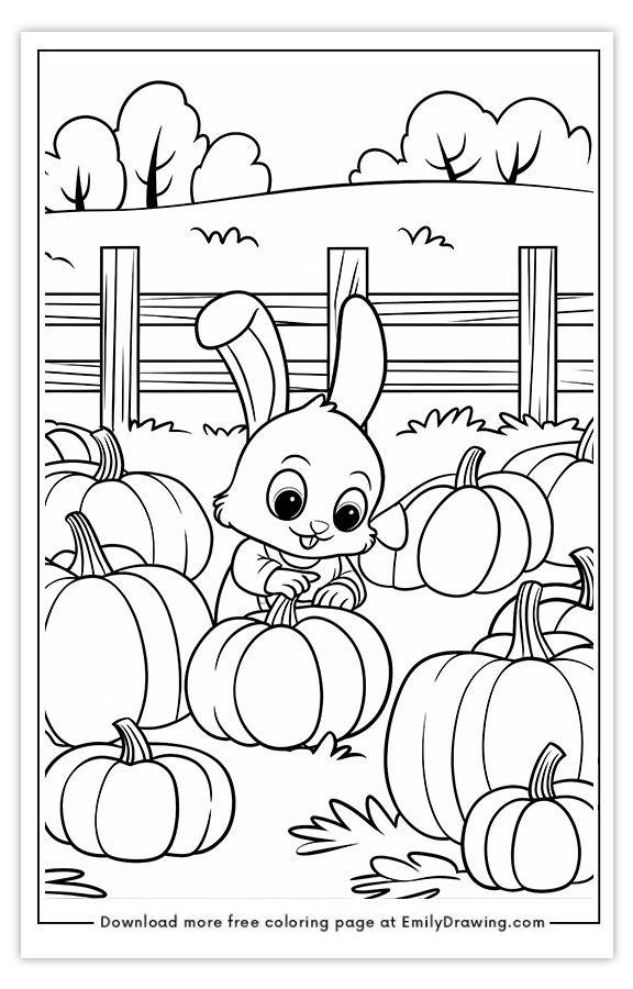 Free printable A Little Bunny Picking Pumpkins in a Pumpkin Field coloring pages with PDF files for download and printing!