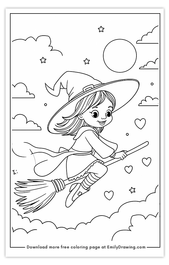 Free printable A Little witch Riding Her Broomstick Across the Night Sky coloring pages with PDF files for download and printing!