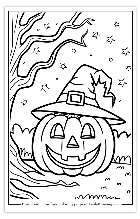 Free printable A Pumpkin with a Witch Hat Smiling by a Spooky Tree coloring pages with PDF files for download and printing!