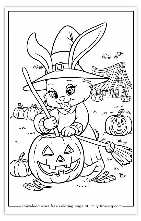 Free printable A Witch Bunny Carving a Pumpkin coloring pages with PDF files for download and printing!