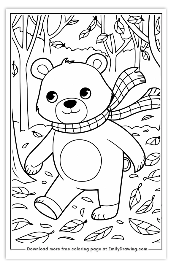 Free printable Bear Walking Through Fallen Leaves coloring pages with PDF files for download and printing!