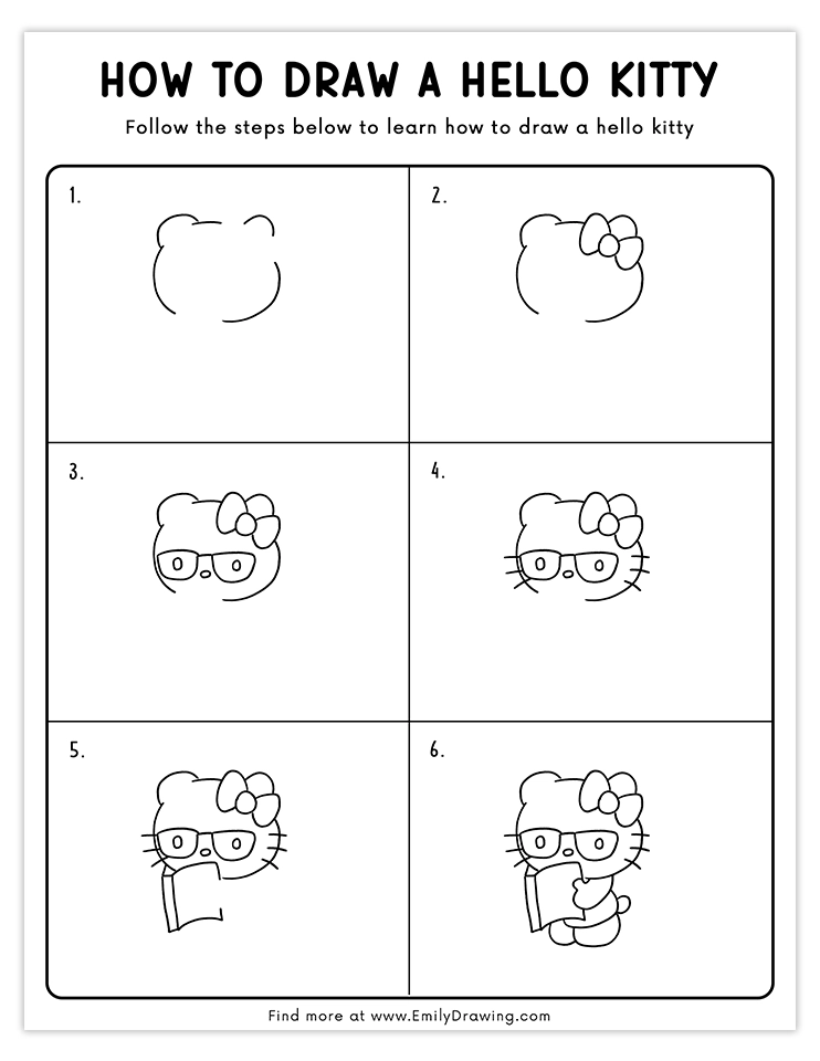 Fun tutorial to draw Hello Kitty wearing glasses and holding a book.