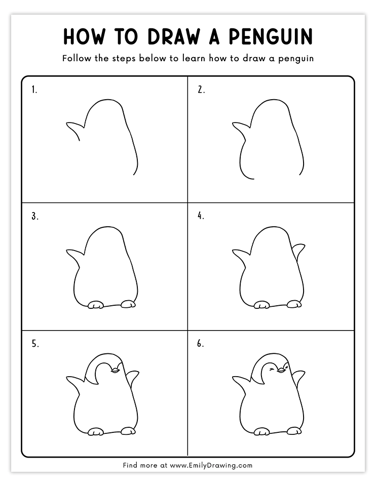 Simple drawing of a cheerful penguin with raised flippers, great for kids and beginners.