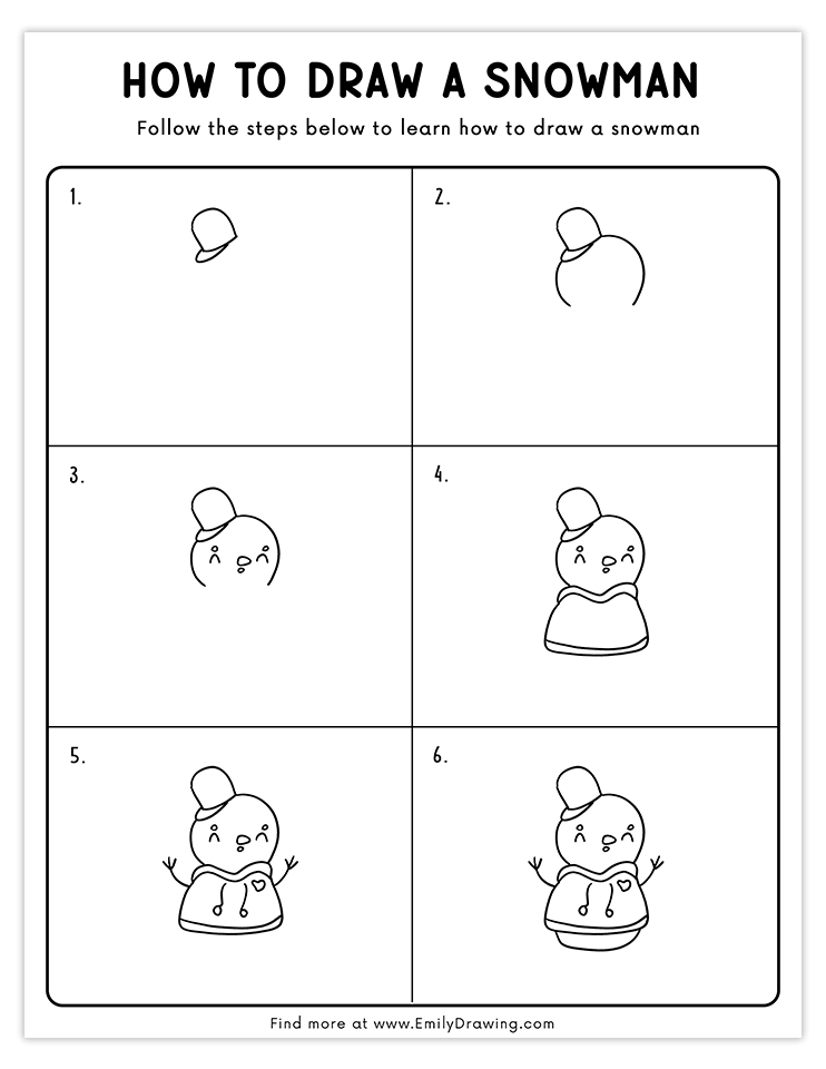 Adorable snowman drawing with a hoodie, heart detail, and a tilted hat, easy steps.