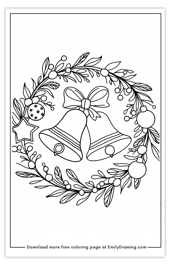 Free printable Bells and Ornaments Festive Wreath coloring pages with PDF files for download and printing!