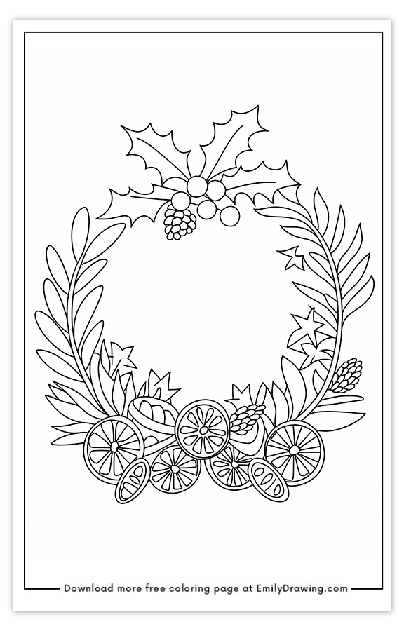 Free printable Botanical Holiday Wreath coloring pages with PDF files for download and printing!