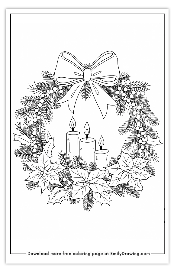 Free printable Candlelit Wreath coloring pages with PDF files for download and printing!