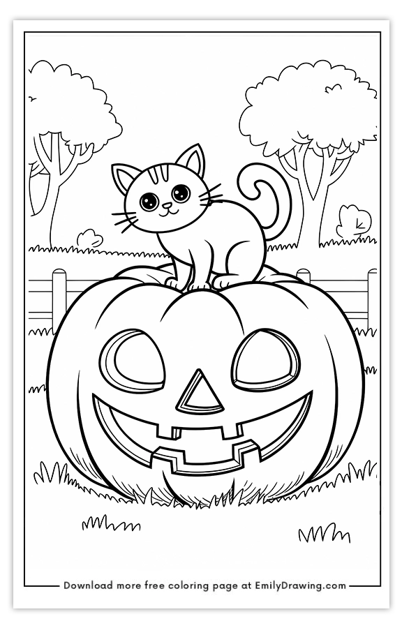 Free printable Cat Sitting on a Pumpkin coloring pages with PDF files for download and printing!