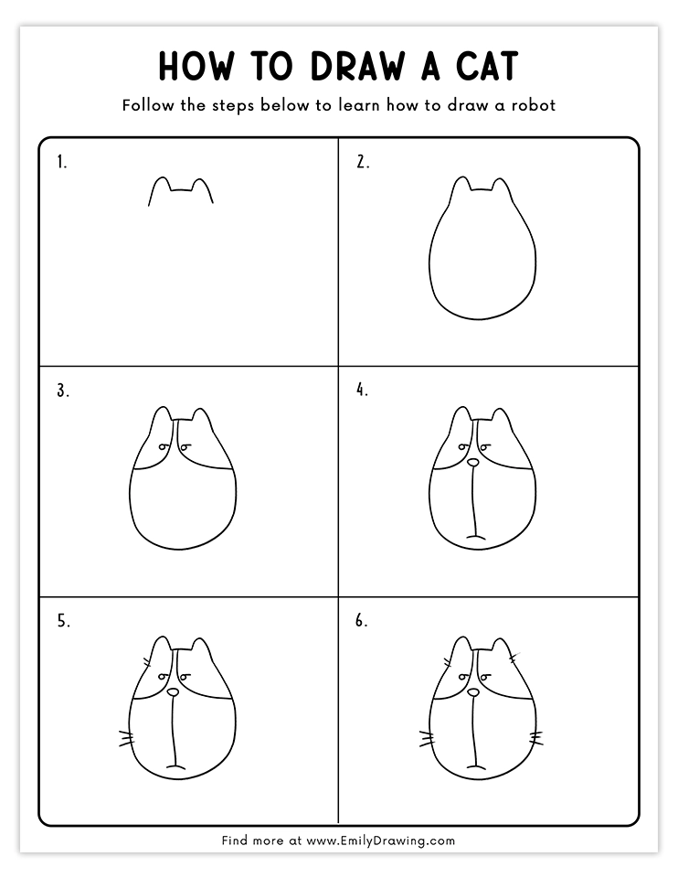 Simple tutorial for drawing a cartoon cat face with unique expressions, ideal for beginner artists and kids.