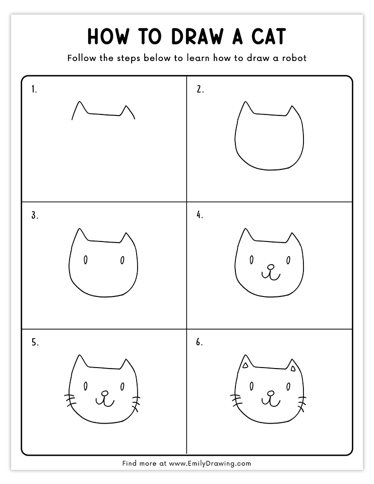 Step-by-step guide for drawing a simple and adorable cartoon cat face, perfect for kids and beginner artists.