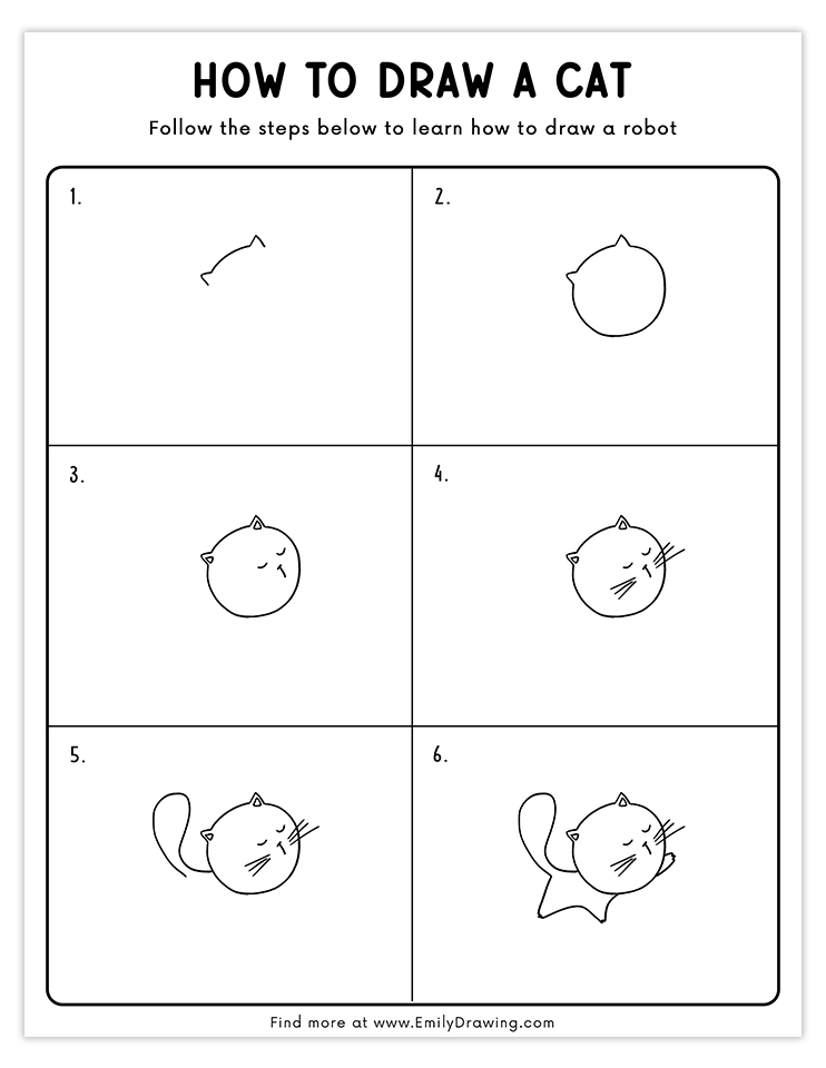 Fun tutorial for drawing a playful cartoon cat with a large head and expressive whiskers, perfect for beginner artists.