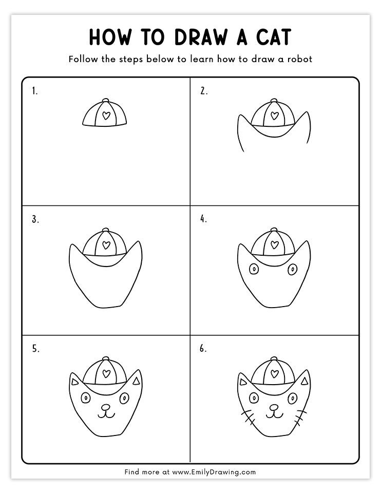 Step-by-step tutorial for drawing a cartoon cat wearing a cute hat, ideal for beginner artists and kids.