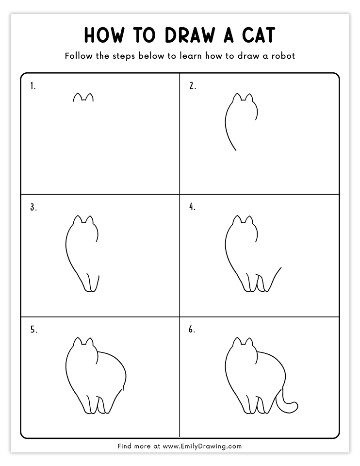 Simple tutorial for drawing a cartoon cat from a back view, ideal for beginners exploring different perspectives.