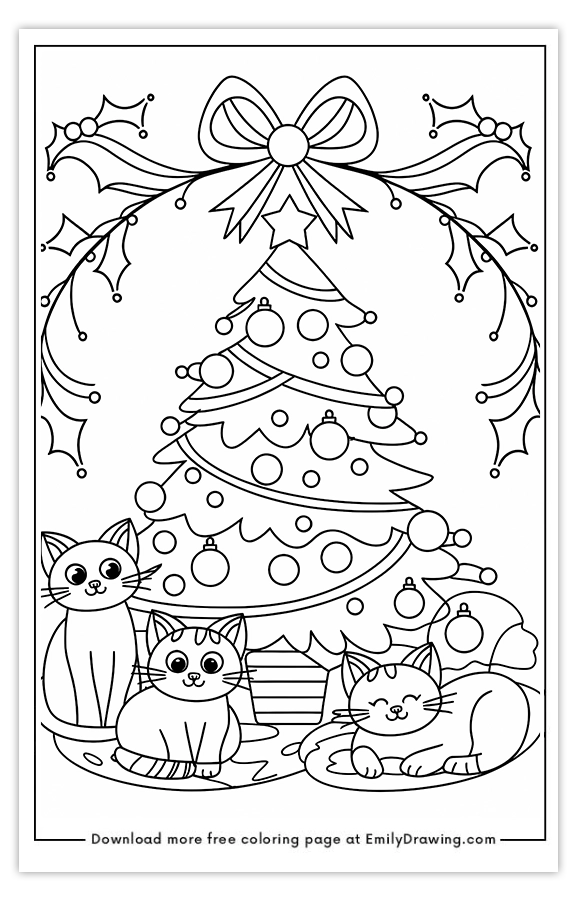 Free printable Cats Cozy Christmas by the Tree coloring pages with PDF files for download and printing!