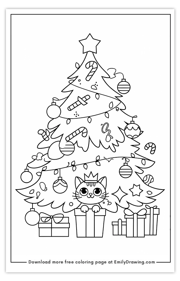 Free printable Cats Playful Under the Christmas Tree coloring pages with PDF files for download and printing!