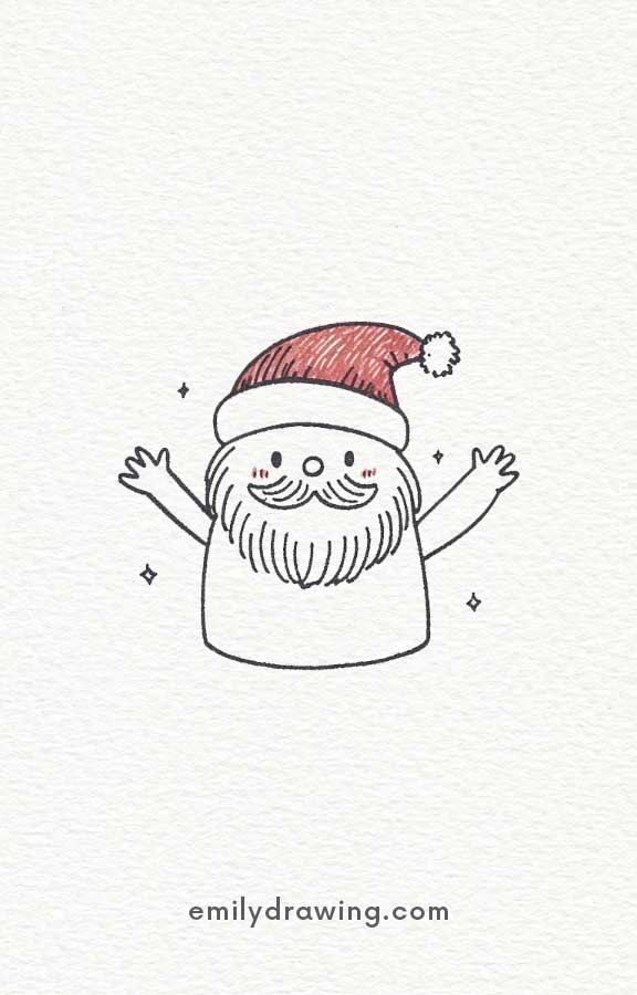 Adorable Santa illustration with arms raised in joy and sparkles.