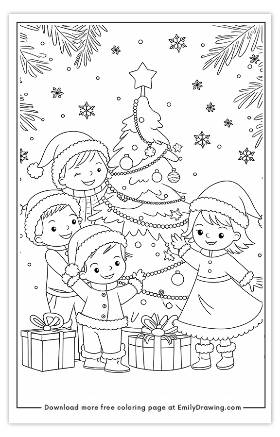 Free printable Childrens Joy Around the Christmas Tree coloring pages with PDF files for download and printing!