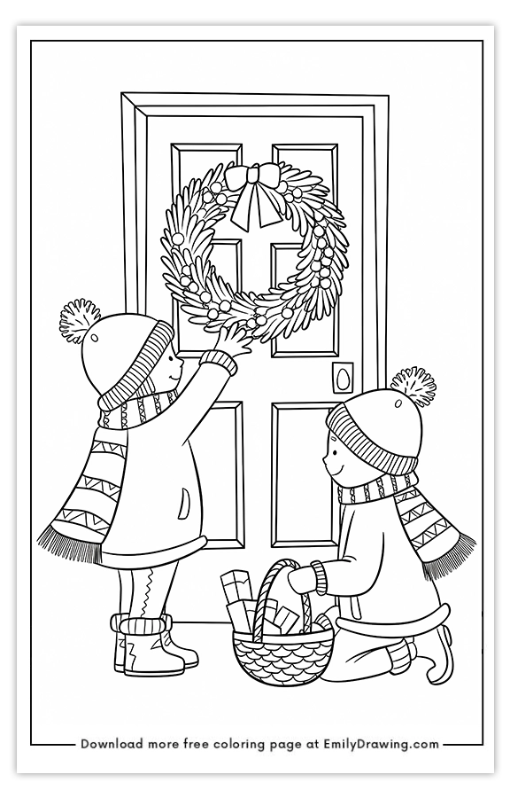 Free printable Childrens Joyful Holiday Doorstep coloring pages with PDF files for download and printing!