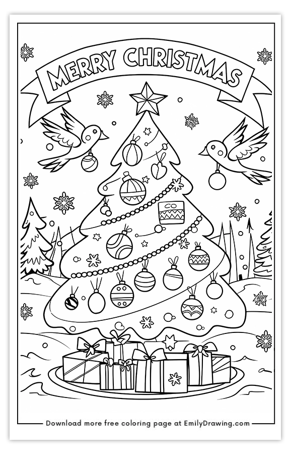 Free printable Christmas Tree Magic and Merry Birds coloring pages with PDF files for download and printing!