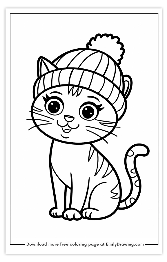 Free printable Cozy Cat in a Winter Hat coloring pages with PDF files for download and printing!