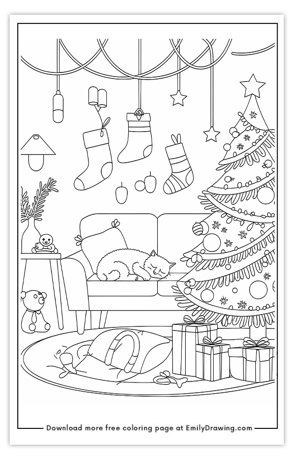 Free printable Cozy Christmas Living Room Scene coloring pages with PDF files for download and printing!