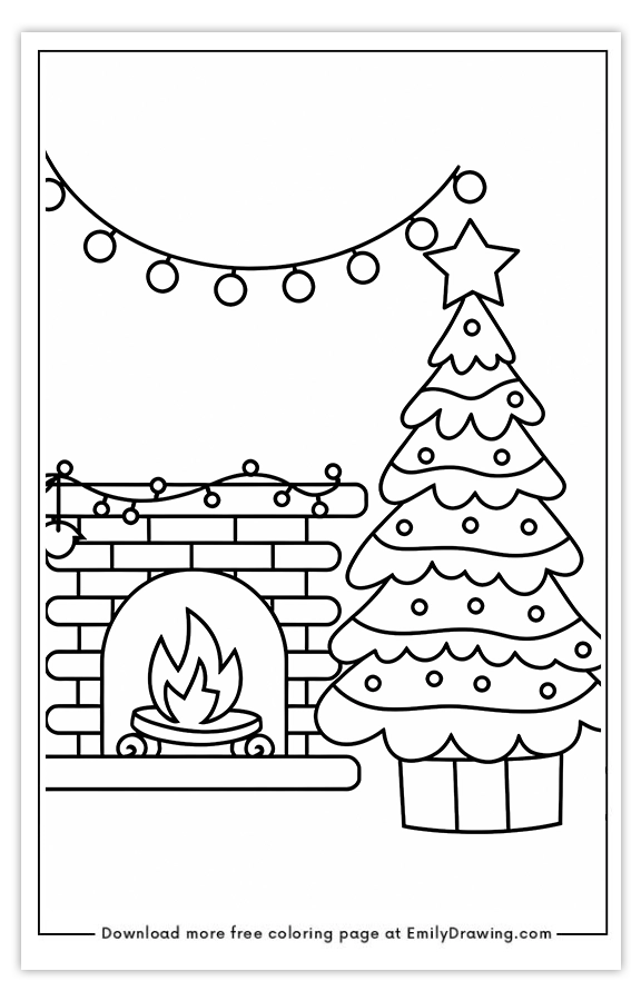 Free printable Cozy Holiday Hearth and Tree coloring pages with PDF files for download and printing!