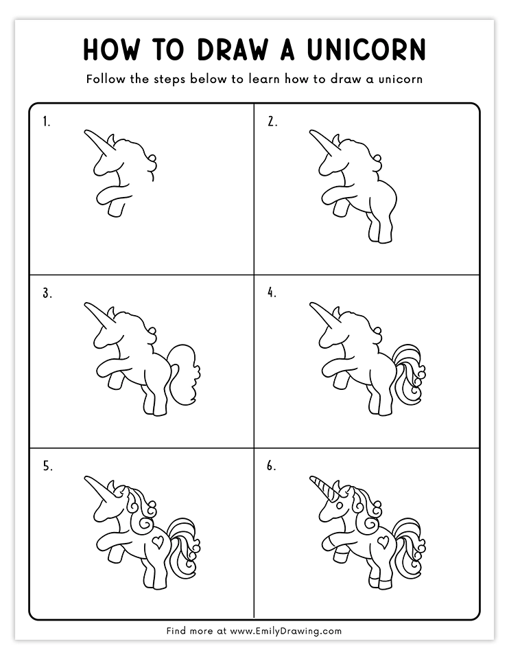 Step-by-step tutorial for drawing a unicorn with curly mane and tail.